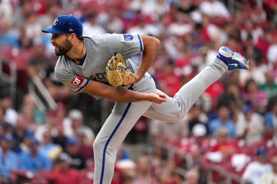 Kansas City Royals starting pitcher <a class="link " href="https://sports.yahoo.com/mlb/players/9329/" data-i13n="sec:content-canvas;subsec:anchor_text;elm:context_link" data-ylk="slk:Michael Wacha;sec:content-canvas;subsec:anchor_text;elm:context_link;itc:0">Michael Wacha</a> throws during the first inning in the second game of a baseball doubleheader against the St. Louis Cardinals Wednesday, July 10, 2024, in St. Louis. (AP Photo/Jeff Roberson)