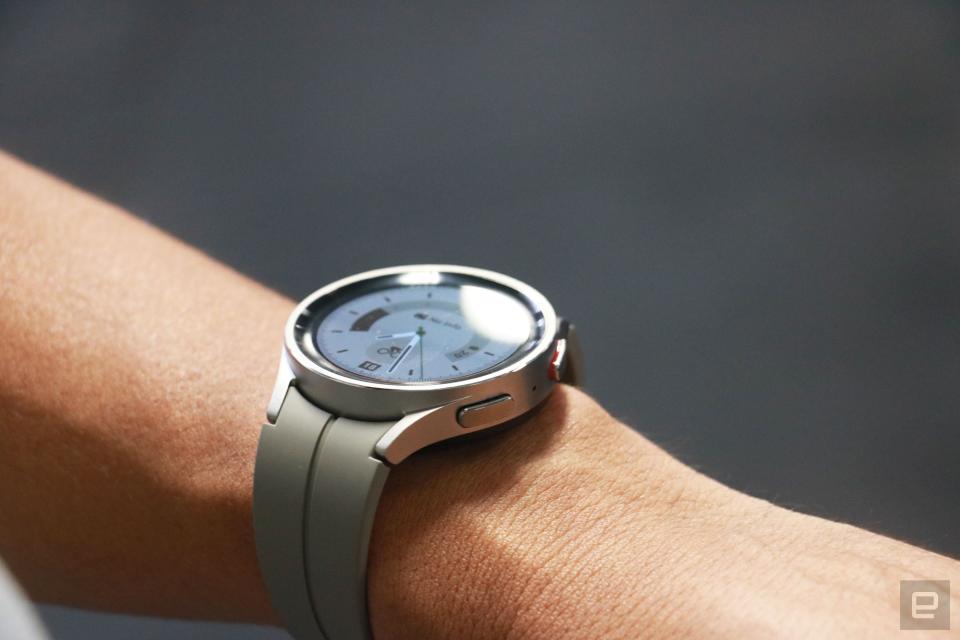 <p>The Samsung Galaxy Watch 5 Pro on a wrist, with some lights reflecting off its screen.</p>
