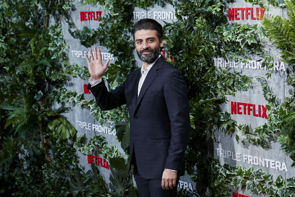 Oscar Isaac attends the Triple Frontera premiere at Callao City Lights in Madrid. (Photo by Legan P. Mace/SOPA Images/LightRocket via Getty Images)