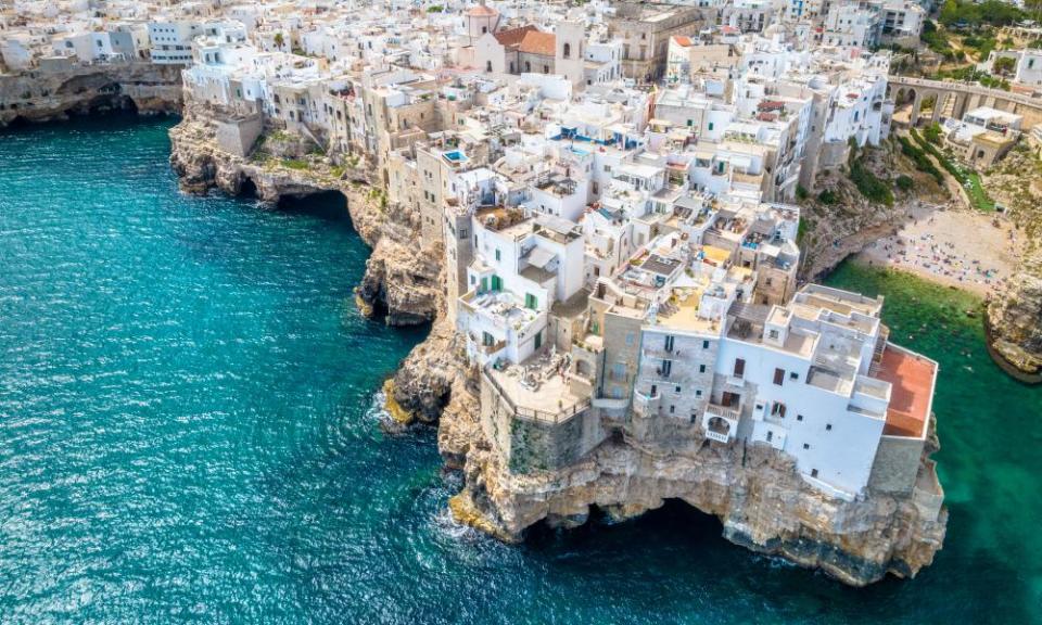 Areial view of Polignano a Mare, a scenic coastal town by the Adriatic Sea, in the Metropolitan City of Bari, Apulia region, southern Italy