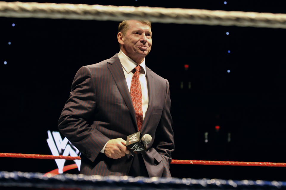 FILE – In this Oct. 30, 2010 file photo, WWE chairman and CEO Vince McMahon speaks to an audience during a WWE fan appreciation event in Hartford, Conn. (AP Photo/Jessica Hill, File)