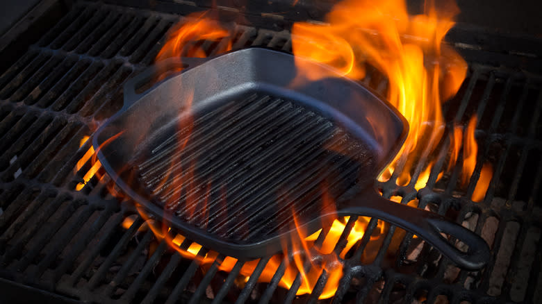 Cast iron skillet on a grill