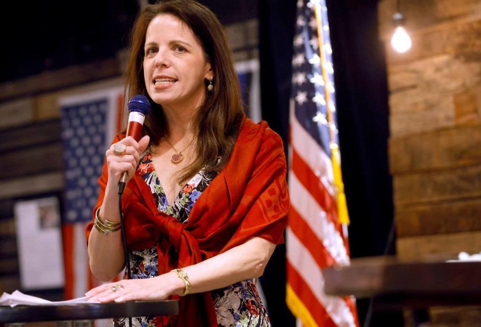 Dr. Simone Gold speaks to a large crowd in Jenks, Oklahoma, during a Frontline Doctors’ Uncensored Truth Tour on June 30, 2021. Gold, an anti-vaccine medical doctor, pleaded guilty to illegally entering the Capitol in the Jan. 6 insurrection and served 60 days at Miami’s Federal Detention Center.