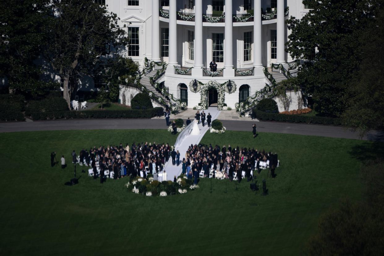 Overhead photos show the wedding take place on the White House lawn. (Photo: BRENDAN SMIALOWSKI/AFP via Getty Images)