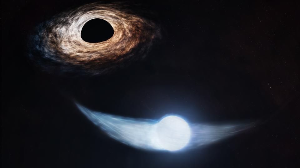  An illustration of a black hole at the top of the screen and a white orb getting ripped apart toward the bottom. 