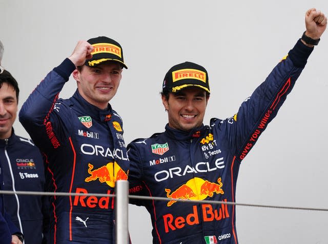 Red Bull drivers Max Verstappen (left) and Sergio Perez