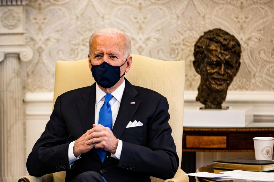 President Joe Biden holds a meeting on cancer with Vice President Kamala Harris and other lawmakers in the Oval Office at the White House on March 3, 2021 in Washington, DC.