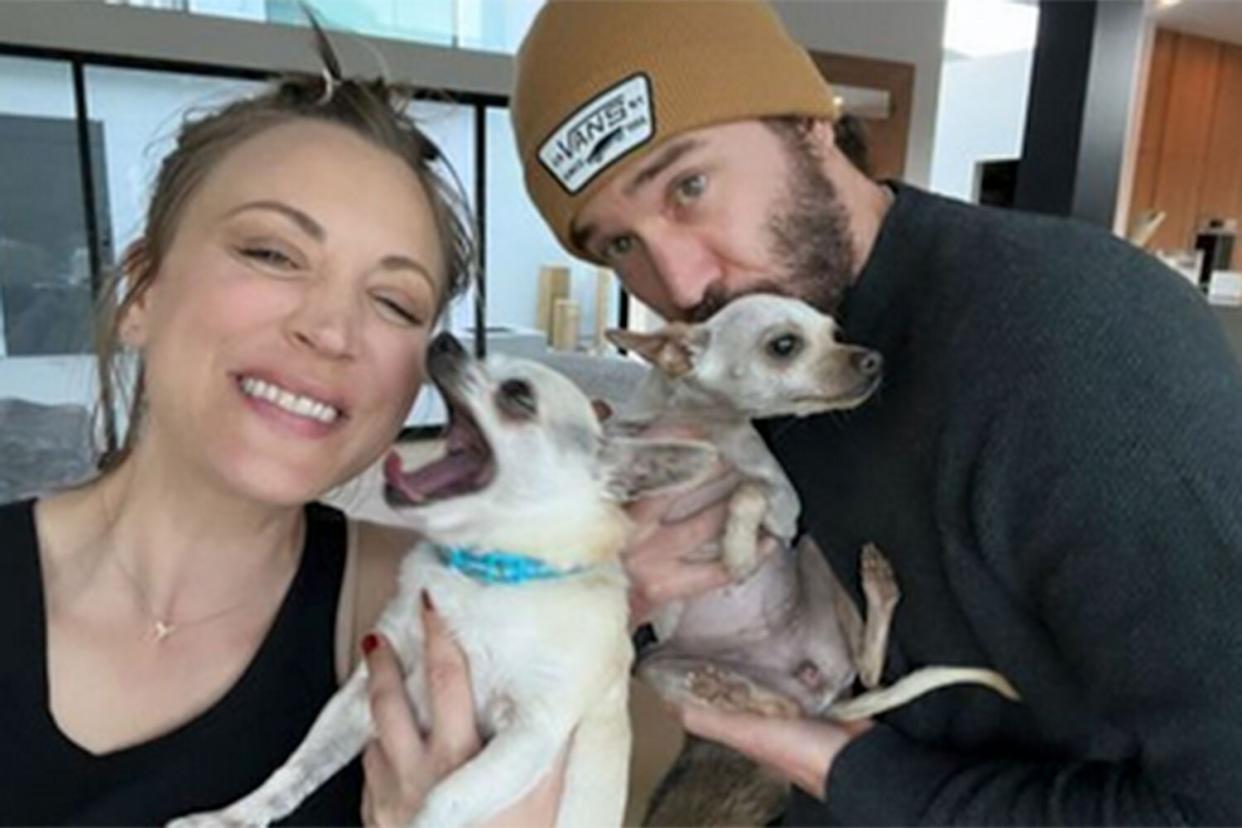 Pregnant Kaley Cuoco and Boyfriend Tom Pelphrey Adopt New Rescue Dog Before Baby's Arrival: 'We Did a Thing...Again'  Kaley & Tom: https://www.instagram.com/stories/kaleycuoco/3050048938832753003/  https://www.instagram.com/stories/kaleycuoco/3050044545426068668/  https://www.instagram.com/stories/kaleycuoco/3050046902019950066/ 