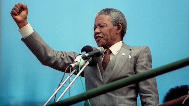 African National Congress (ANC) vice-president, Nelson Mandela, addresses a capacity crowd at a rally in Port Elizabeth in this April 1, 1990 file photo. Photo: Getty.