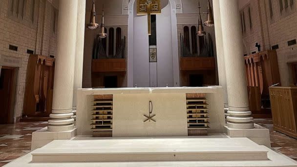 PHOTO: A view of the altar in the Subiaco Abbey Church after its altar was damaged. (Subiaco Abbey)