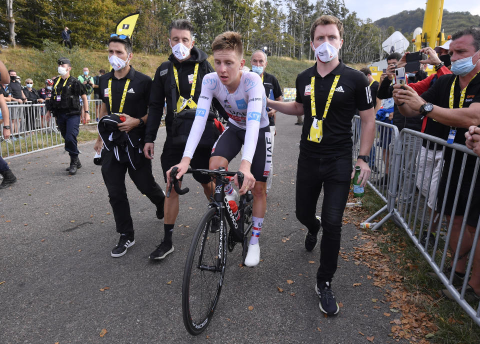 Cycling - Tour de France - Stage 20 - Lure to La Planche des Belles Filles - France - September 19, 2020. UAE Team Emirates rider Tadej Pogacar of Slovenia, wearing the white jersey for best young rider, after finishing. Pool via REUTERS