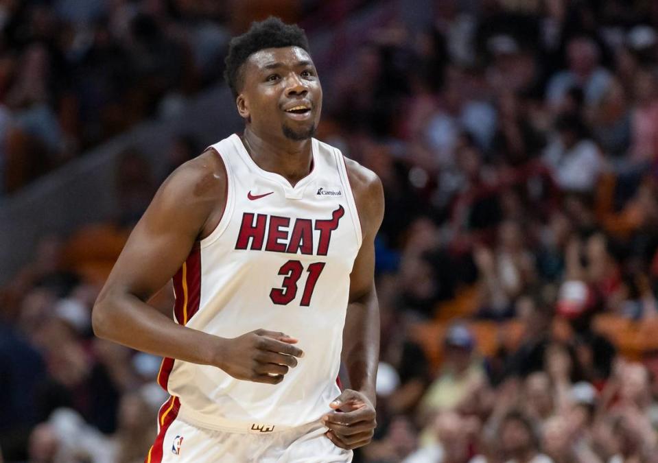 Miami Heat center <a class="link " href="https://sports.yahoo.com/nba/players/5855/" data-i13n="sec:content-canvas;subsec:anchor_text;elm:context_link" data-ylk="slk:Thomas Bryant;sec:content-canvas;subsec:anchor_text;elm:context_link;itc:0">Thomas Bryant</a> (31) reacts after scoring against the <a class="link " href="https://sports.yahoo.com/nba/teams/portland/" data-i13n="sec:content-canvas;subsec:anchor_text;elm:context_link" data-ylk="slk:Portland Trail Blazers;sec:content-canvas;subsec:anchor_text;elm:context_link;itc:0">Portland Trail Blazers</a> in the second half of their NBA game at Kaseya Center on March 29, 2024 in downtown Miami. MATIAS J. OCNER/mocner@miamiherald.com