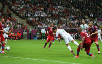 WARSAW, POLAND - JUNE 21: Cristiano Ronaldo of Portugal scores the opening goal with a header during the UEFA EURO 2012 quarter final match between Czech Republic and Portugal at The National Stadium on June 21, 2012 in Warsaw, Poland. (Photo by Alex Grimm/Getty Images)