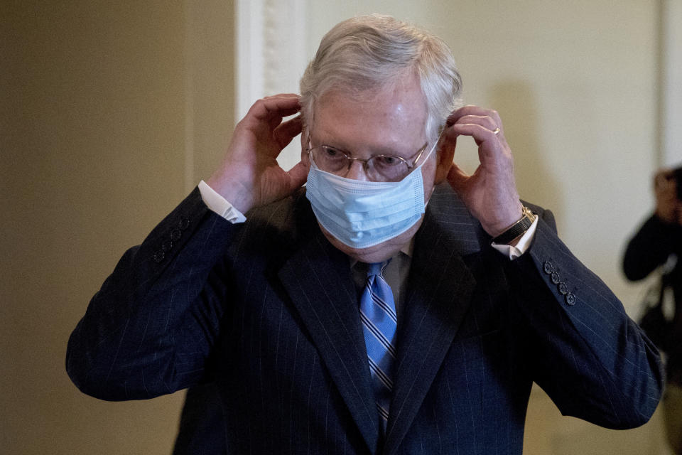 Senate Majority Leader Mitch McConnell of Ky., leaves a news conference after announcing a Republican police reform bill on Capitol Hill, Wednesday, June 17, 2020, in Washington. (AP Photo/Andrew Harnik)