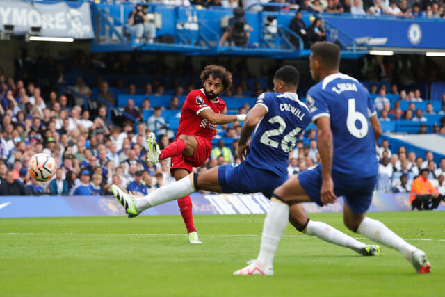 Mohamed Salah of Liverpool takes a shot during a football match