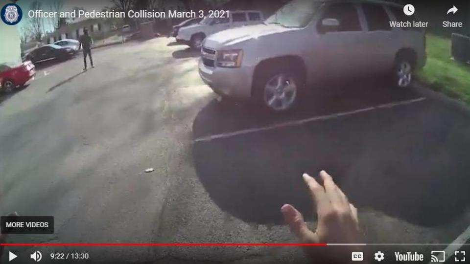 A screen capture from Officer Caleb Wade’s body camera footage shows Wade talking to Liam Long before he was hit by a police cruiser March 30.