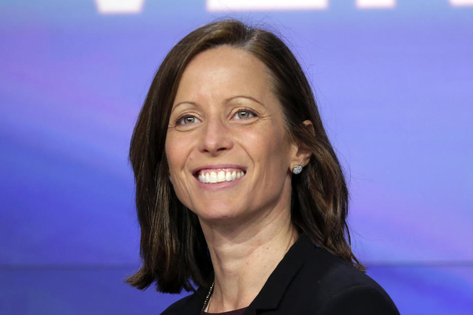 FILE - Nasdaq CEO Adena Friedman is photographed at the Nasdaq MarketSite in New York on Jan. 30, 2018. At $20 million, Friedman was the fourth highest-paid female CEO for 2021, as calculated by The Associated Press and Equilar, an executive data firm. (AP Photo/Richard Drew, File)