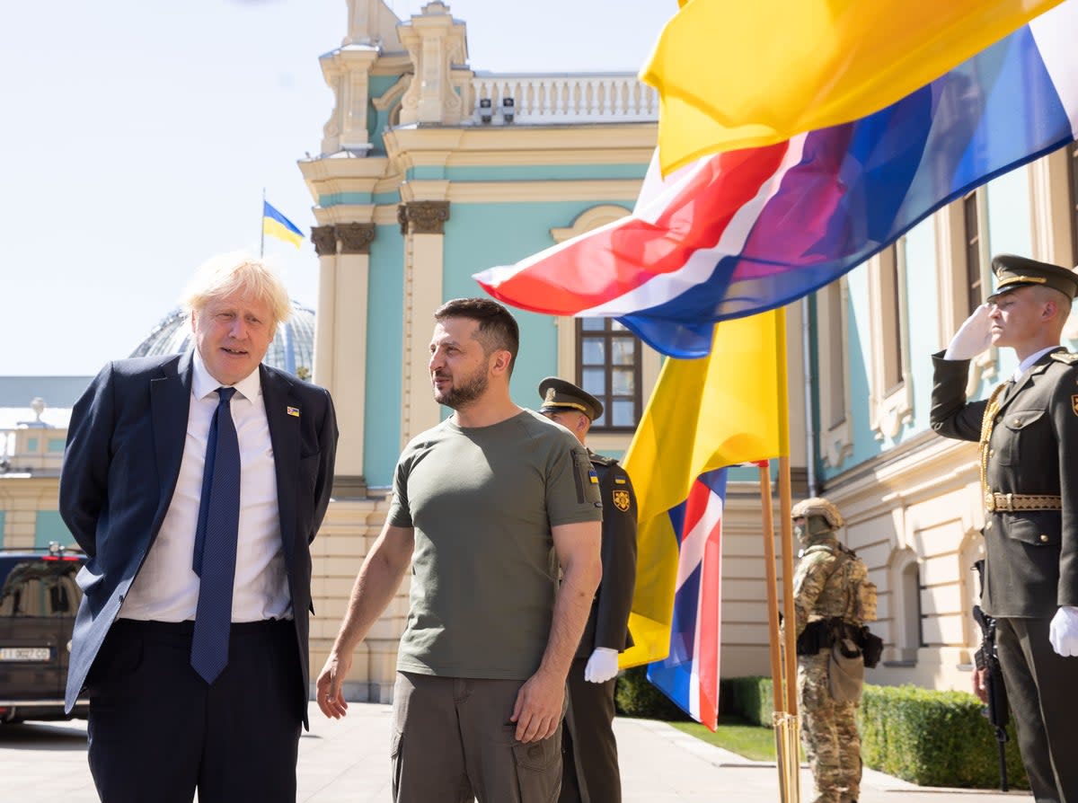 Handout photo issued by the Ukrainian Presidential Press Office of Ukrainian President Volodymyr Zelensky (right) meeting Prime Minister Boris Johnson, who has made a surprise visit to Volodymyr Zelensky in Kyiv in support of Ukraine as it marks 31 years of independence from the Soviet Union. Picture date: Wednesday August 24, 2022. (PA Media)