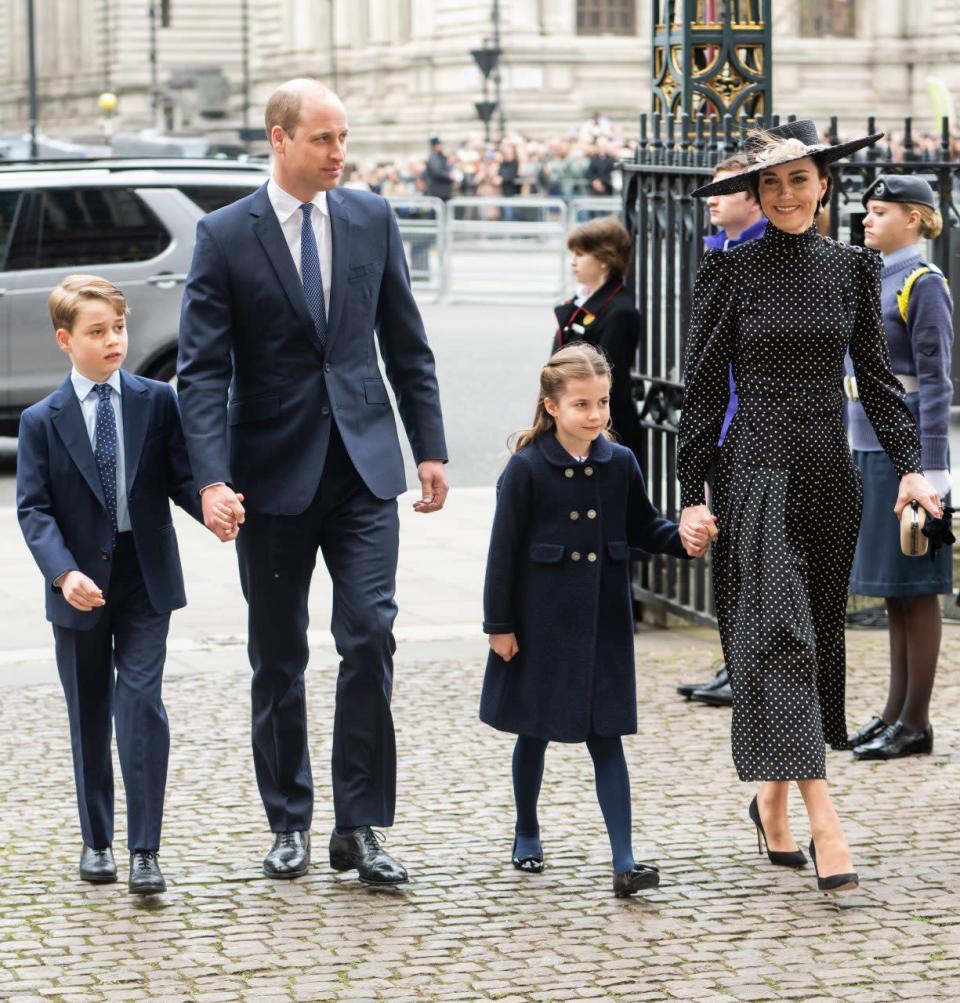 LONDON, ENGLAND - MARCH 29: Prince George of Cambridge, Prince William, Duke of Cambridge, Princess Charlotte of Cambridge and Catherine, Duchess of Cambridge depart the memorial service for the Duke Of Edinburgh at Westminster Abbey on March 29, 2022 in London, England. (Photo by Samir Hussein/WireImage)