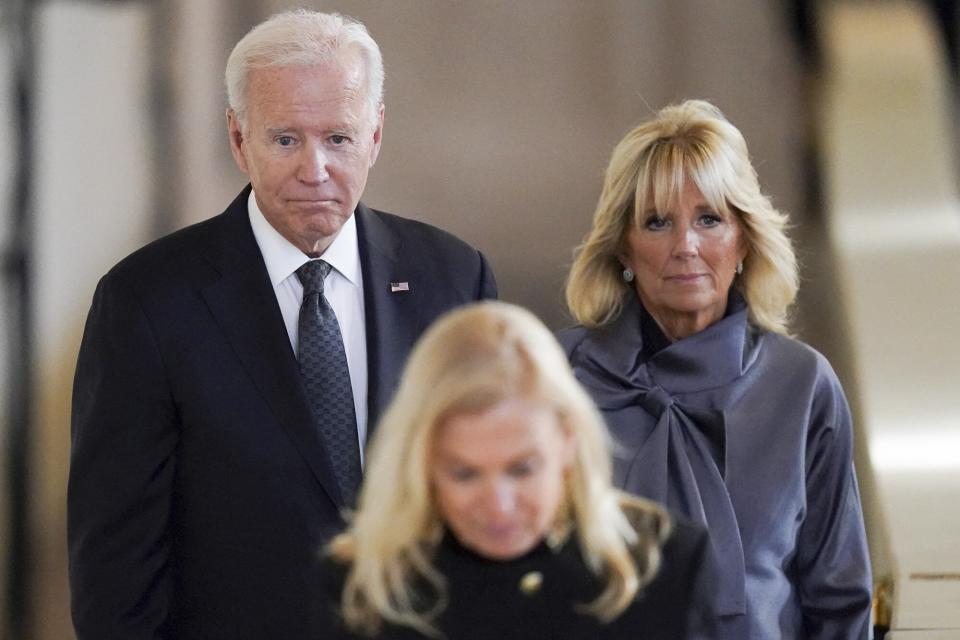 US President Joe Biden and First Lady Jill Biden leave after paying their respects and viewing the coffin of Queen Elizabeth II, as it Lies in State inside Westminster Hall, at the Palace of Westminster in London on September 18, 2022