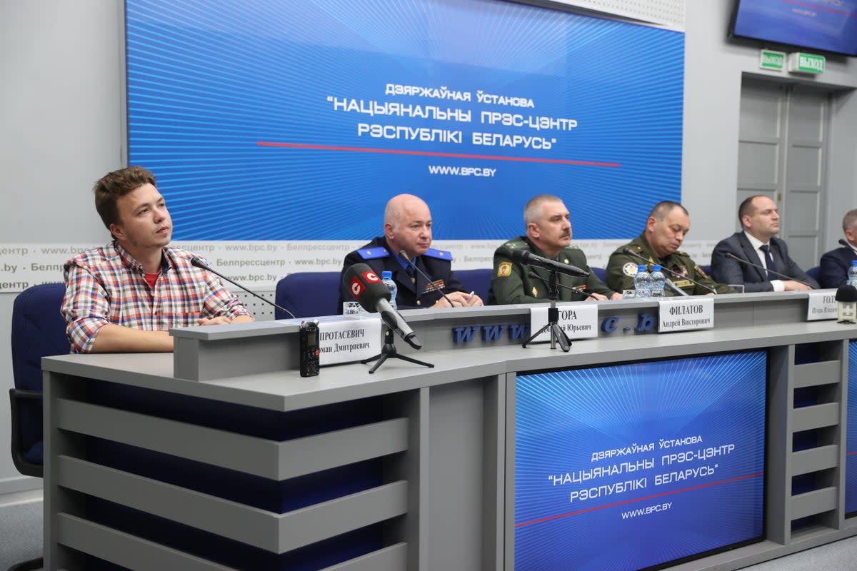 Diversionary tactic? Opposition activist Roman Protasevich at a Belarus government news conference on 14 June (Anadolu Agency via Getty Images)