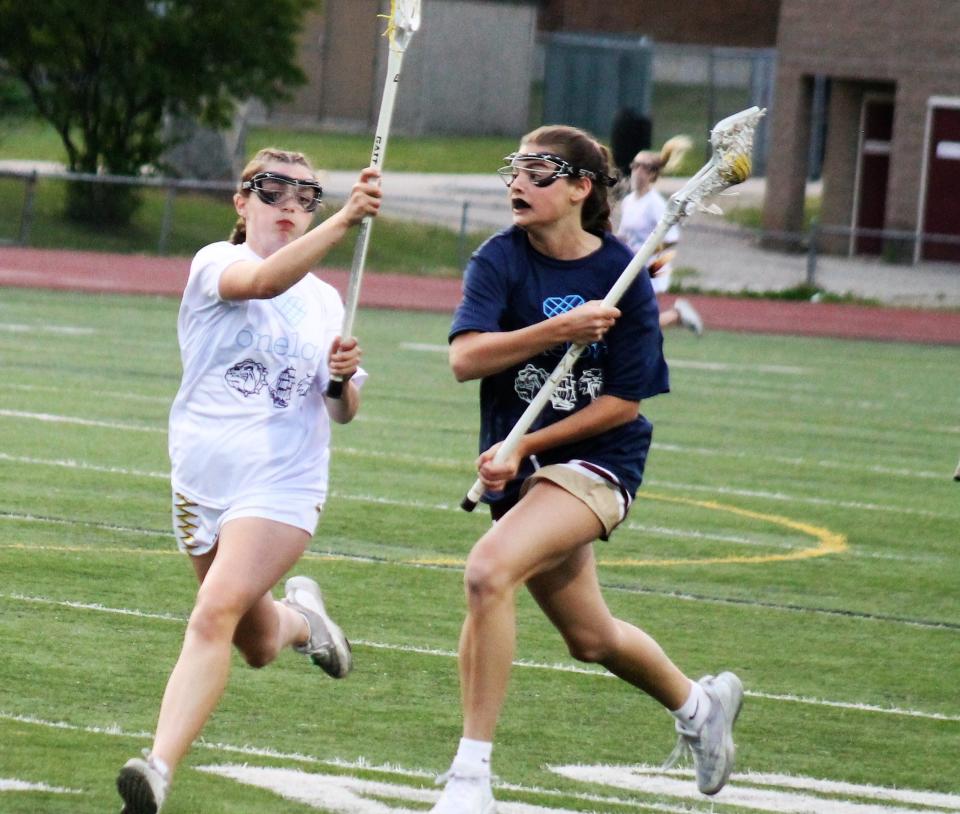 Portsmouth's Lily Patterson, right, protects the ball during Thursday night's Division I game against Souhegan in Portsmouth.