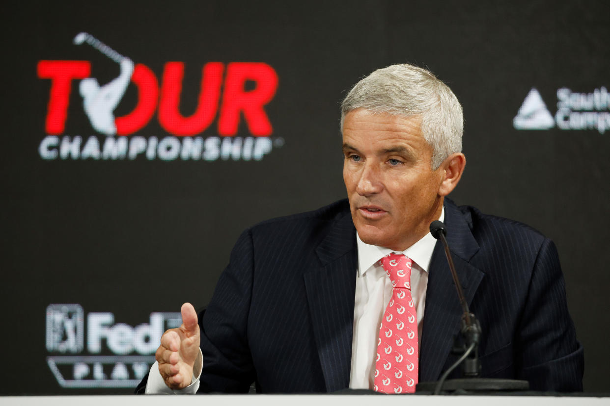 ATLANTA, GEORGIA - AUGUST 24: PGA Tour Commissioner Jay Monahan speaks during a press conference prior to the TOUR Championship at East Lake Golf Club on August 24, 2022 in Atlanta, Georgia. (Photo by Cliff Hawkins/Getty Images)