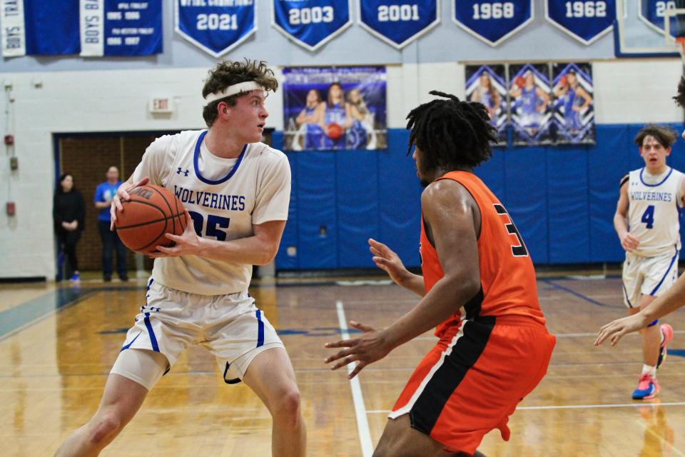 Ellwood City junior Joseph Roth (35) positions himself against Beaver Falls senior Konnor Hauser (31) in the second quarter of Ellwood City's 57-51 win on Tuesday, Feb. 7, at Ellwood City.