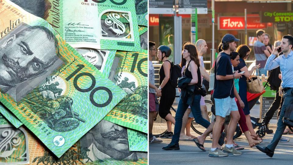 Compilation image of people walking across a street and Aussie dollars to represent consumer behaviour