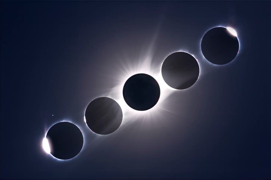 <em>A composite of the August 21, 2017 total eclipse of the Sun, showing the second and third contact diamond rings and Baily’s Beads at the start left and end right of totality, flanking a composite image of totality itself. (Photo by: Alan Dyer/VW Pics/UIG via Getty Images)</em>