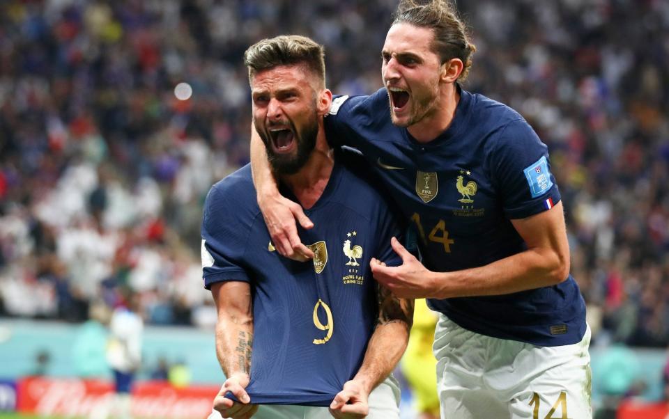 Olivier Giroud of France celebrates after he scores the goal 1:2 Adrien Rabiot of France during the FIFA World Cup Qatar 2022 quarter final match between England and France at Al Bayt Stadium on December 10, 2022 in Al Khor - Corbis Sport