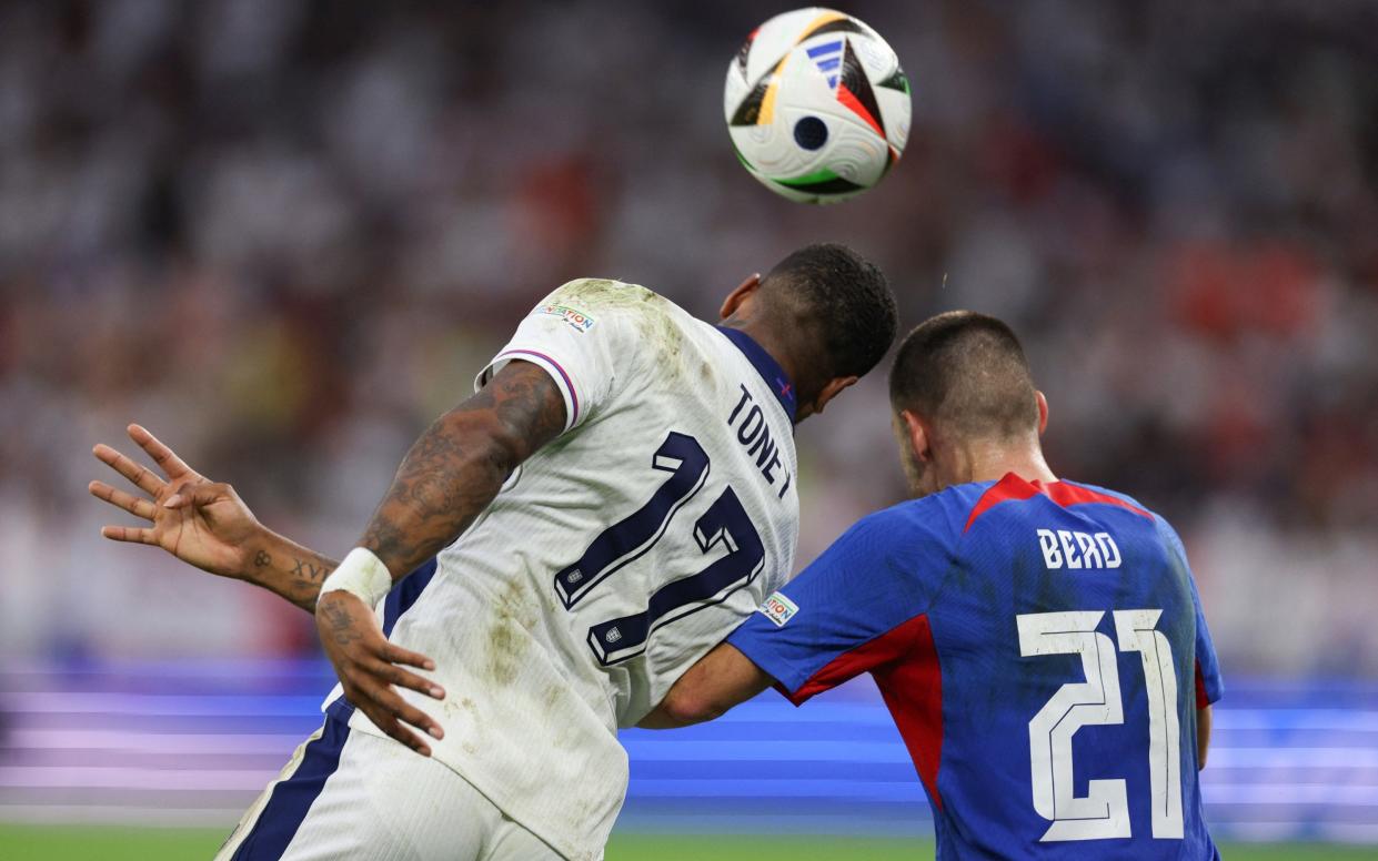 England's forward Ivan Toney fights for the header with Slovakia's midfielder Matus Bero