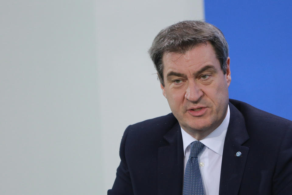 BERLIN, GERMANY - APRIL 15: Bavaria's state premier Markus Söder informs the press about the latest measures of the government in the fight against the COVID-19 pandemic following a video conference with the leaders of the German federal states in the Chancellery on April 16, 2020 in Berlin, Germany. Merkel announced first steps in undoing coronavirus restrictions that have plunged the economy into a recession, with most shops allowed to open although schools must stay closed until May 4. (Photo by Christian Marquardt - Pool/Getty Images)