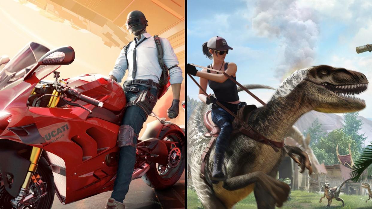 PUBG Mobile players can now ride around on a Ducati motorcyle or a dinosaur thanks to the game's latest collaboration with Ducati and dinosaur-themed update. (Photos: Krafton)