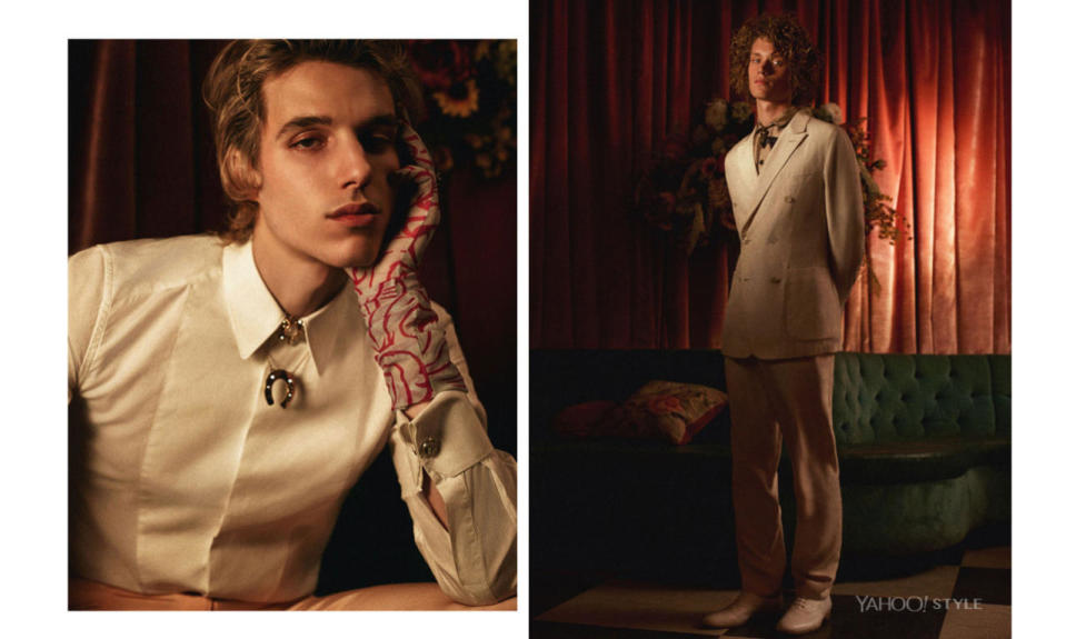 This season, fellas embrace androgynous accessories and the Gatsby-esque white, peak-lapel suit.