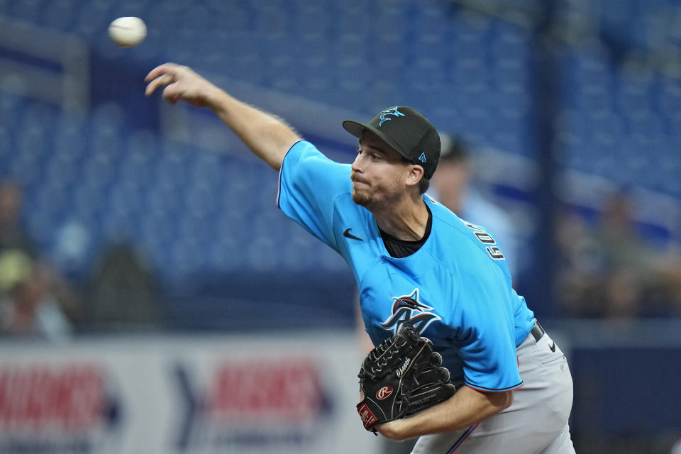 Miami Marlins' Chi Chi Gonzalez pitches to the Tampa Bay Rays during the fifth inning of a spring training baseball game Monday, March 6, 2023, in St. Petersburg, Fla. (AP Photo/Chris O'Meara)