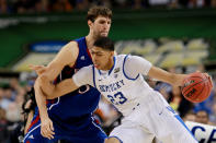 Anthony Davis #23 of the Kentucky Wildcats drives on Jeff Withey #5 of the Kansas Jayhawks in the second half in the National Championship Game of the 2012 NCAA Division I Men's Basketball Tournament at the Mercedes-Benz Superdome on April 2, 2012 in New Orleans, Louisiana. (Photo by Ronald Martinez/Getty Images)