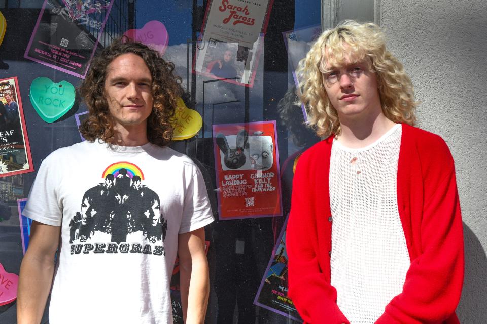 Ben Kelly, left, and Connor Kelly, both of the band Connor Kelly & The Time Warp pose for a picture in front of the Bijou Theatre on Feb. 23, less than two weeks before their co-headlining show at the venue alongside Happy Landing scheduled for March 7. The brothers said the Bijou Theatre concert will be their largest headlining performance to date.