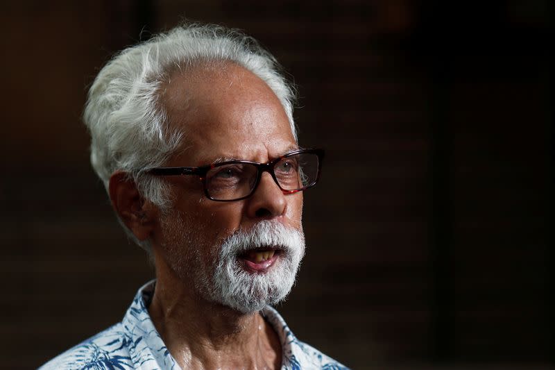 Gopalan Balachandran, maternal uncle of U.S. Senator Kamala Harris' (D-CA) talks to media outside his house in New Delhi