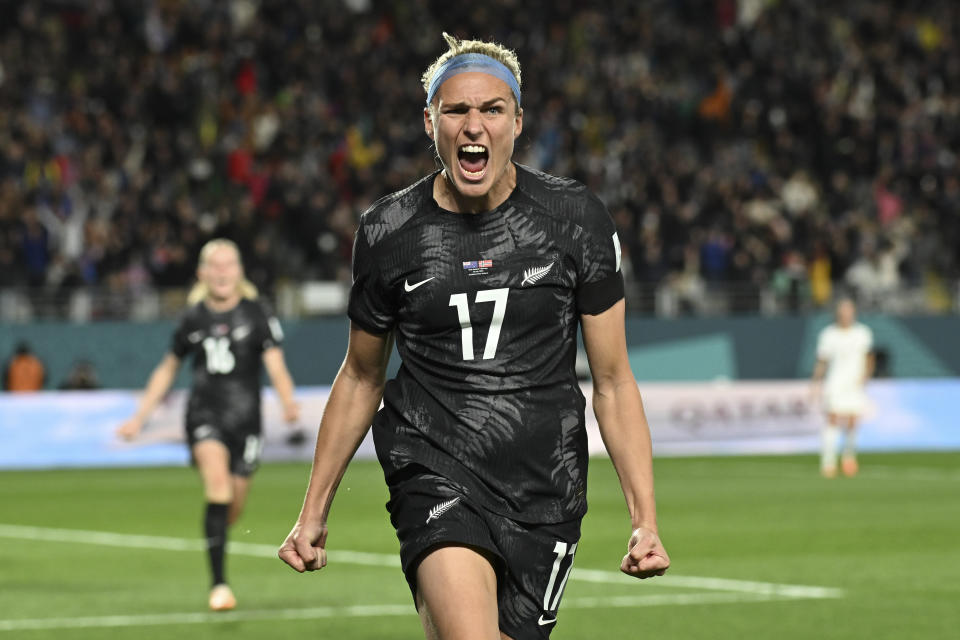 New Zealand's Hannah Wilkinson celebrates after scoring the opening goal during the Women's World Cup soccer match between New Zealand and Norway in Auckland, New Zealand, Thursday, July 20, 2023. (AP Photo/Andrew Cornaga)