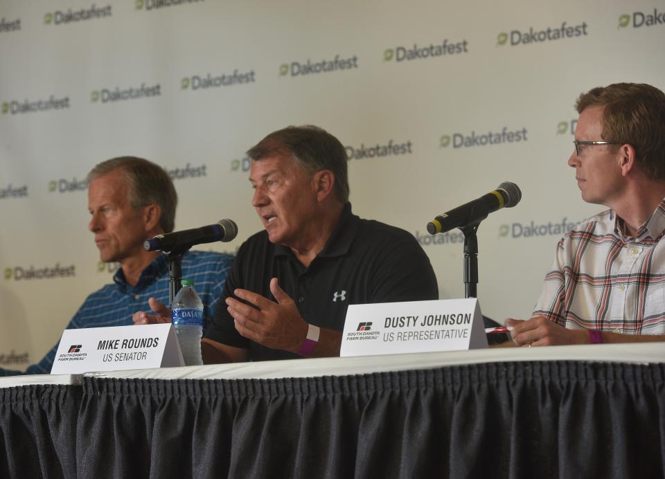 Republican Sen. Mike Rounds speaks on a panel made up of South Dakota's congressional delegation about the 2023 farm bill during Dakotafest in Mitchell on Wednesday, Aug. 16, 2023.