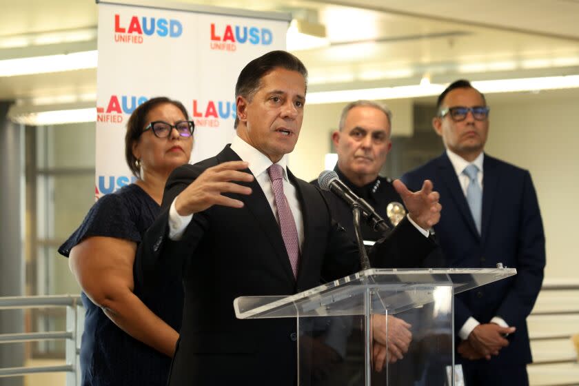 Los Angeles, California-Sept. 22, 2022- LAUSD Superintendent Alberto M. Carvalho announces a new program including providing Narcan to every middle and high school to combat drug overdose due to opioids. The new effort will also include outreach programs to parents and peer programs involving students. Also in attendance were Board Member Monica Garcia, left, Los Angeles School Police Department Chief of Police Steven Zipperman, second from right, and Chief of Special Education, Equity, and Access Anthony Aguilar. The announcement was made at Miguel Contreras Learning Complex in downtown Los Angeles on Sept. 22, 2022. (Carolyn Cole / Los Angeles Times)