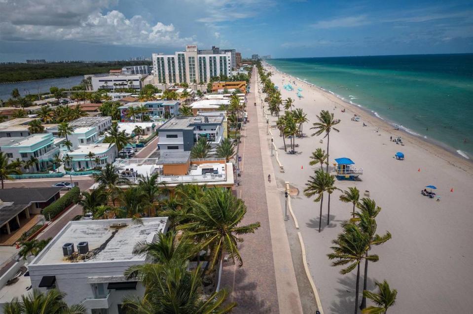 This is an Aug. 16, 2023 view of the properties located near the Hollywood beach Broadwalk. They could be torn down, if the city approves a proposal by developers to build an 18-story condo and apartment tower complex, a three-story beach club and restaurant facing the beach.