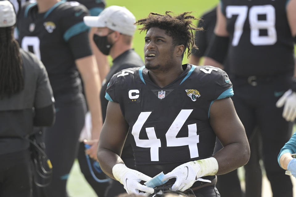 Jacksonville Jaguars linebacker Myles Jack (44) in the bench area during the first half of an NFL football game against the Cleveland Browns, Sunday, Nov. 29, 2020, in Jacksonville, Fla. (AP Photo/Phelan M. Ebenhack)