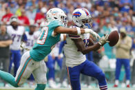 Miami Dolphins defensive back Nik Needham (40) pressures Buffalo Bills wide receiver John Brown (15), during the first half at an NFL football game, Sunday, Nov. 17, 2019, in Miami Gardens, Fla. (AP Photo/Wilfredo Lee)