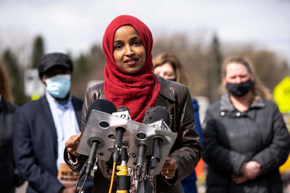 (FILES) In this file photo Rep. Ilhan Omar (C) (D-MN) speaks during a press conference at a memorial site for Daunte Wright in Brooklyn Center, Minnesota on April 20, 2021. - US congresswoman Ilhan Omar faced a new, furious backlash on June 10, 2021 from colleagues across the political spectrum after the Muslim lawmaker accused the United States and Israel of "unthinkable atrocities" comparable to those of Hamas and the Taliban. Omar, one of the first two Muslim women elected to the US Congress, has antagonized or offended members of her Democratic Party in the past with comments that have been decried as anti-Semitic or anti-Israel. (Photo by Kerem Yucel / AFP) (Photo by KEREM YUCEL/AFP via Getty Images) ORG XMIT: 0 ORIG FILE ID: AFP_9BU3AF.jpg