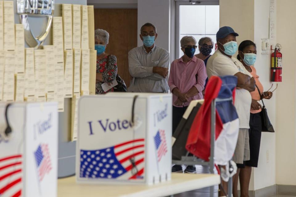 <div class="inline-image__caption"><p>People wait in line to cast their ballot for the presidential election during early voting in Sumter, South Carolina, Oct. 9, 2020.</p></div> <div class="inline-image__credit">Micah Green/Reuters</div>