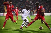 <p>À la 75e minute, les Bleus mènent 3-0, même s’ils sont passés tout près du 4-0 suite à une tête de Paul Pogba bien claquée par le gardien moldave. (crédit AFP) </p>