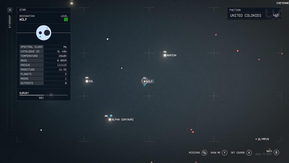 The Wolf system shown on Starfield's galaxy map