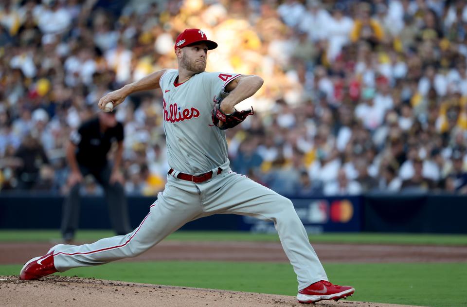 Game 1: Phillies starting pitcher Zack Wheeler delivers a pitch.